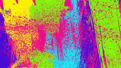 The background is full of vibrant colorful brush strokes with pink splatters.