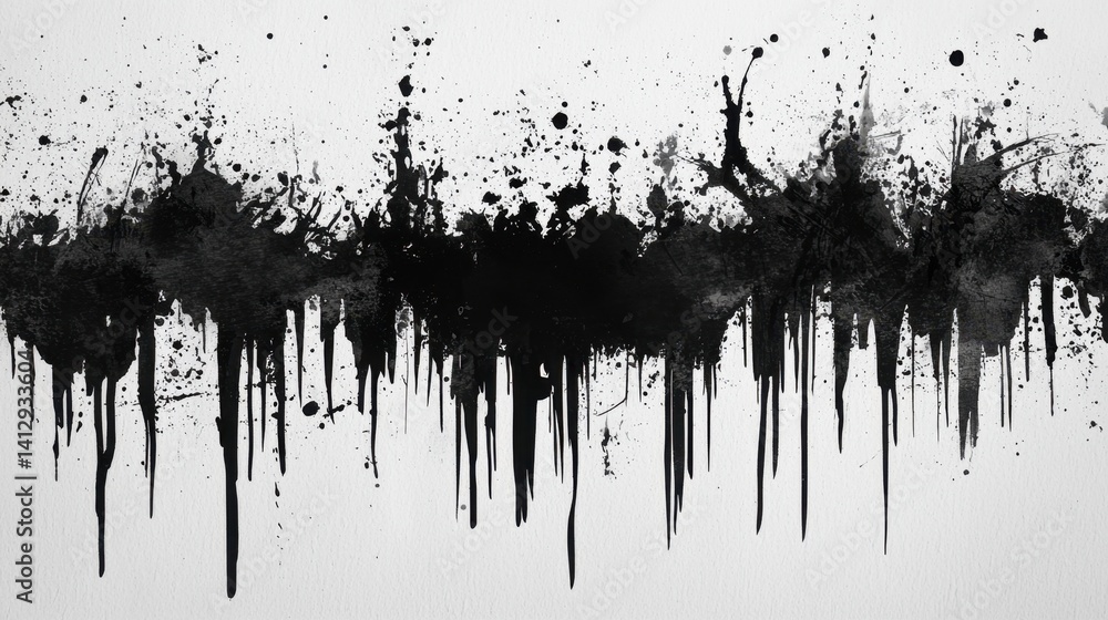Poster an abstract pattern of black ink splashes and drips adorns a white background, offering an artistic 