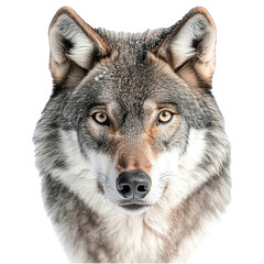 Fototapeta premium Eurasian wolf head isolated on white background beautiful predator winter fur snow wildlife canine mammal nature wild animal gray brown portrait looking at camera close up intense gaze sharp eyes