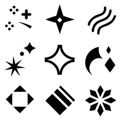A bold collection of geometric shapes: stars, sparkles, and abstract designs in a striking black and white graphic style.