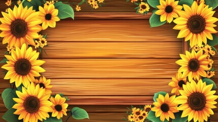 Obraz premium Sunflowers and Wooden Planks: An arrangement of vibrant sunflowers frames a wooden plank background, creating a cheerful and inviting image for design use.
