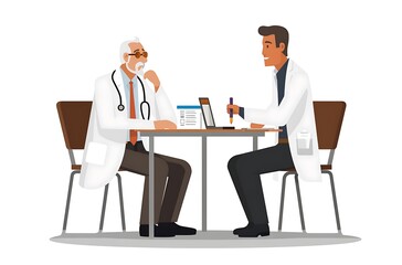 Doctor and patient sitting at desk.