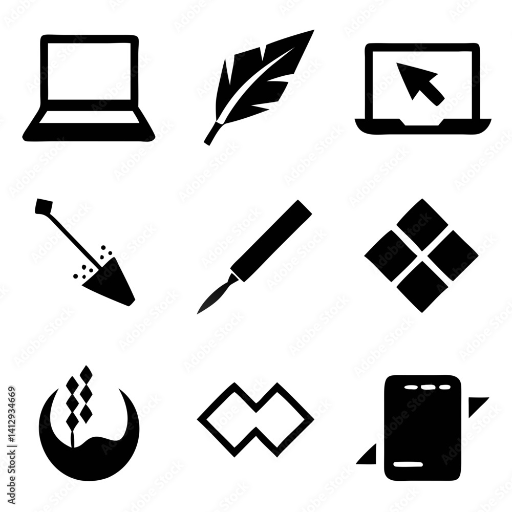 Poster a bold collection of simplistic black icons representing digital tools, writing instruments, and des