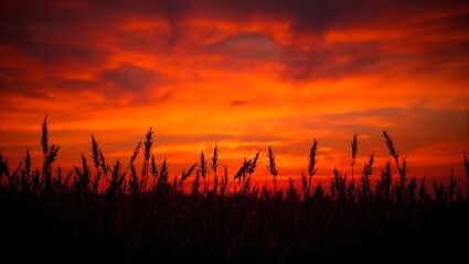 Vibrant sunset illuminating a rye field casting long shadows on the dark stalks against a fiery horizon Atmospheric and captivating scene
