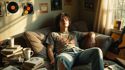 Relaxed Young Man Lounging On Sofa Surrounded By Books And Vinyl Records At Home
