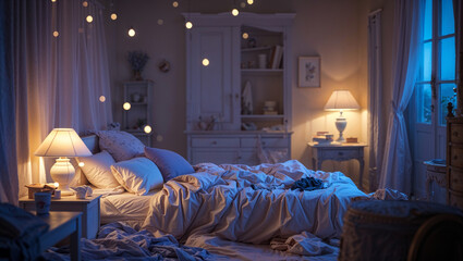 Serene Bedroom Interior With Soft Lighting And Comfortable Bedding At Night