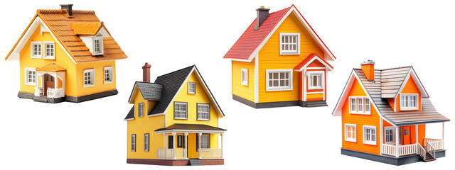 Set of colorful toy model houses, isolated on transparent background