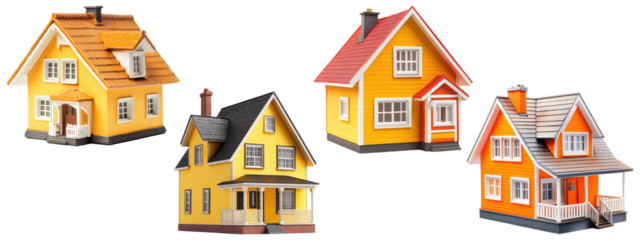 Set of colorful toy model houses, isolated on transparent background