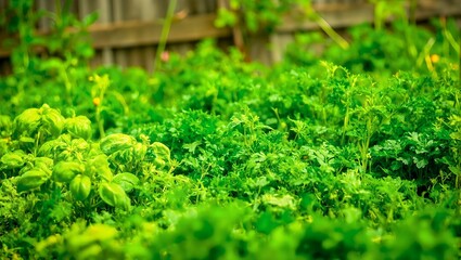 Explore the fresh beauty of a sunlit herb garden with basil cilantro and parsley plants lined up neatly behind a charming rustic fence
