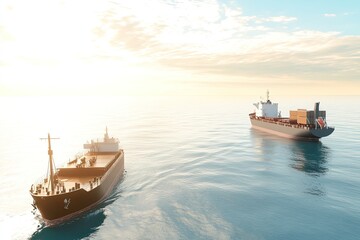 Obraz premium Two Cargo Ships Navigating Serenity on Calm Waters During a Beautiful Sunrise with Soft Light Reflection in the Ocean