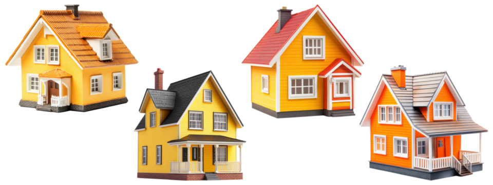 Set of colorful toy model houses, isolated on transparent background