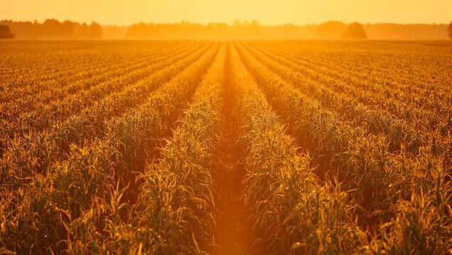 A mesmerizing view of a perfectly aligned cornfield during harvest illuminated by the golden light of dusk