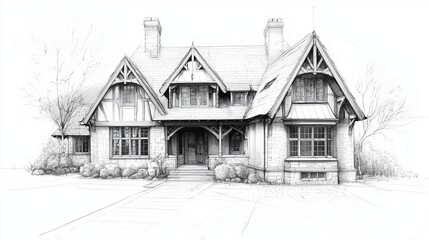Detailed sketch of a classic Tudor-style house featuring intricate architectural elements and a welcoming facade.
