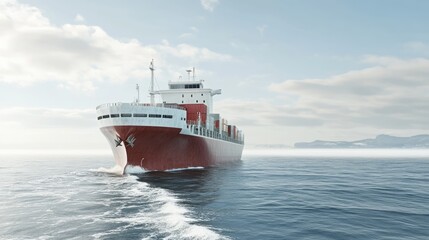 Fototapeta premium Cargo ship sailing through calm waters with containers on deck under clear sky and distant mountains in the background