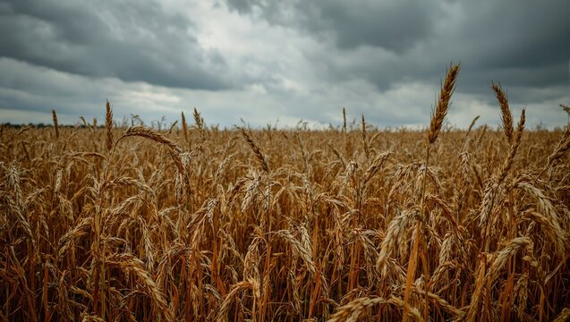Dramatic harvest scene golden wheat field with heavy ripe stalks under stormy skies capturing rugged beauty and natures power
