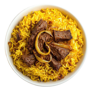 
A single portion of Noakhali style tehari, yellow rice with spiced meat, Isolated Transparent Background