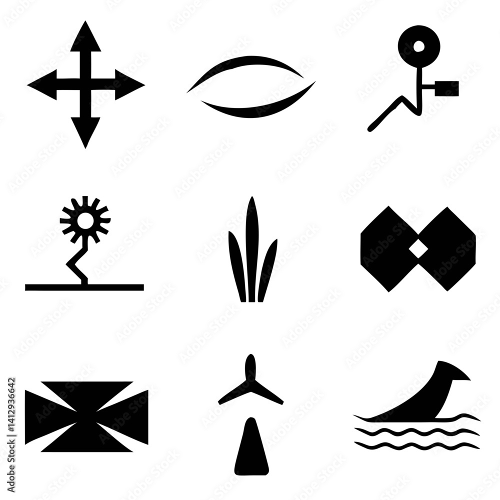 Poster a collection of bold, minimalist glyphs representing diverse concepts—from movement and nature to te