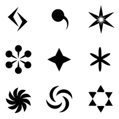 A collection of bold, graphic symbols, featuring stars, spirals, and abstract shapes in a stark black and white design.