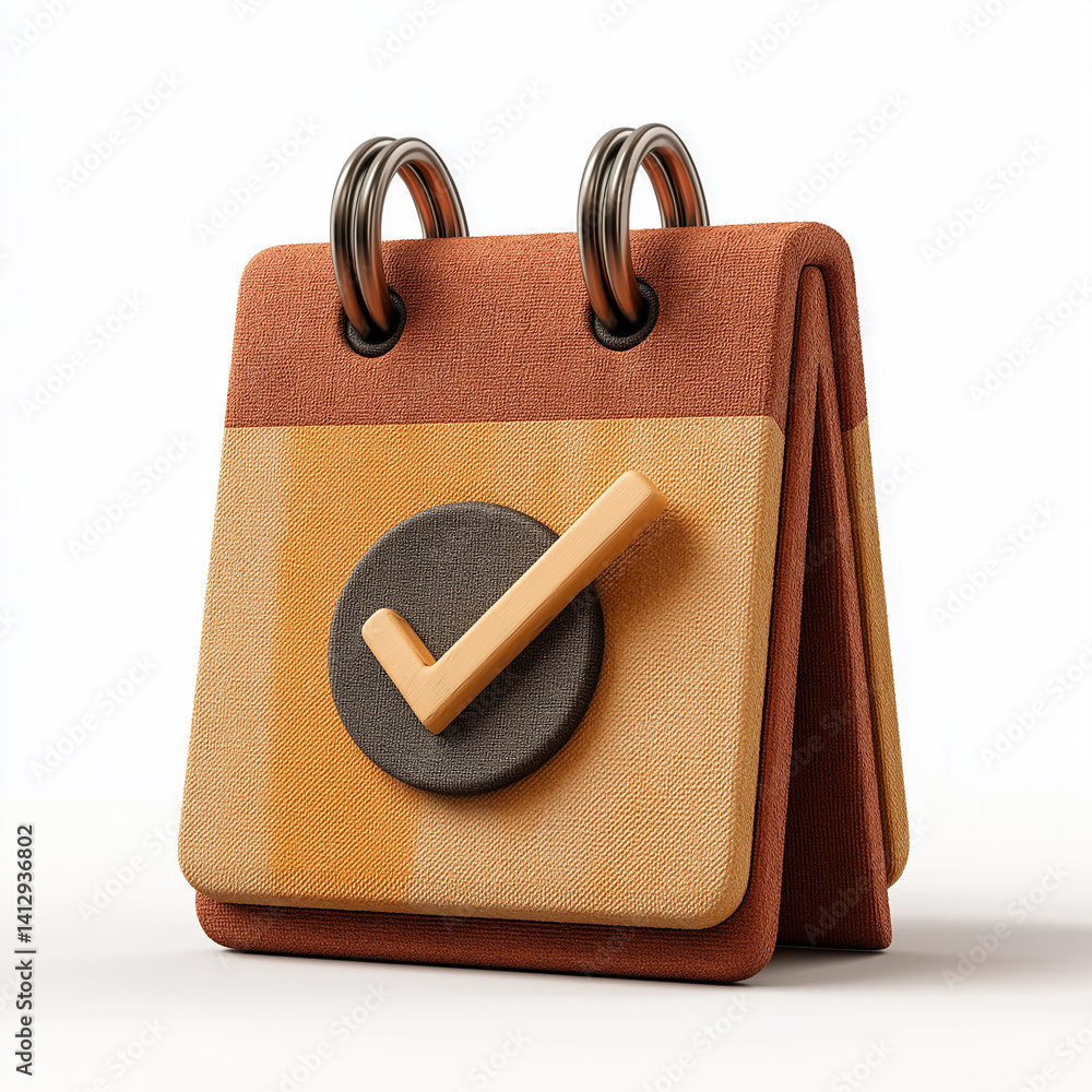 Poster wooden desktop calendar showing check mark icon symbolizing task completion