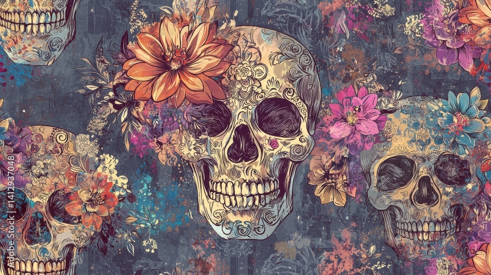 Poster intricate skulls adorned with colorful flowers showcase a blend of art styles. the vibrant patterns 