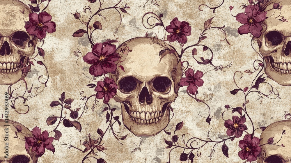 Poster Decorative pattern features detailed skulls intertwined with vibrant flowers against a textured background. The design merges elements of macabre and beauty, creating an intriguing visual