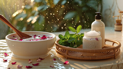 Luxurious Spa Treatment With Rose Petals Mint Leaves And Essential Oils Outdoors