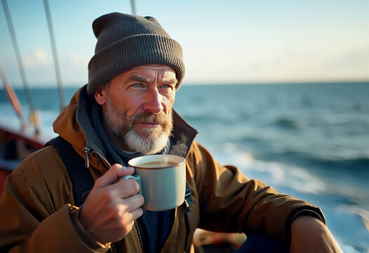 A rugged male traveler with beard in casual attire, sipping coffee or tea from a steaming mug on the deck of a ship, surrounded by the ocean waves. Adventure and tranquility atmosphere.