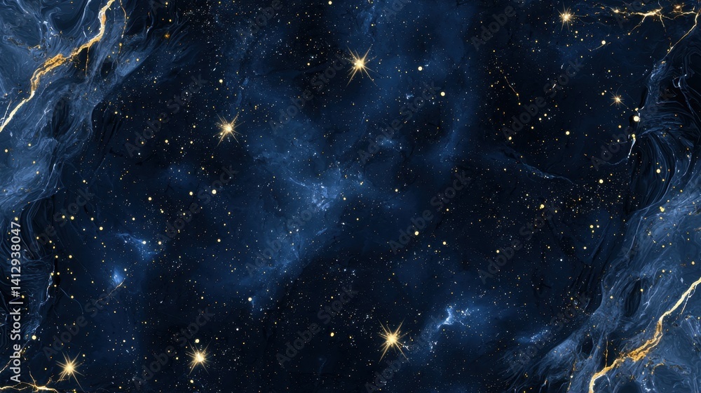 Poster vibrant cosmic artwork showcasing a deep blue nebula with bright stars scattered throughout the univ