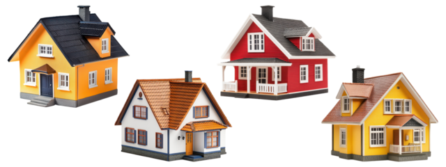 Set of colorful miniature model houses, isolated on transparent background