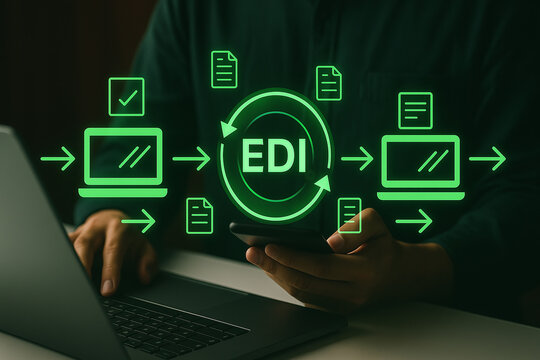 Programmer using electronic data interchange technology on laptop and smartphone