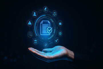 Businessman holding validated document in futuristic interface, compliance and regulatory standards