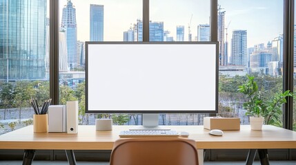 Fototapeta premium Modern Office Workspace with Large Monitor and City Skyline View, Perfect for Business, Technology, and Remote Work Themes