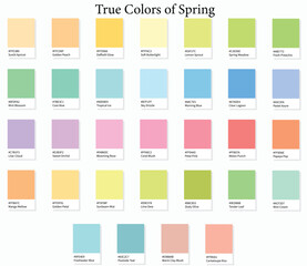 Colour Swatches 32 True Colors of Spring - 3d Light Soft, Muted, Pastel Tones - with HEX Codes and Names, Color Palette, Scheme, Chart and Combinations