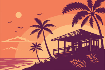 Fototapeta premium 32 Tropical sunset, beach bar silhouette, palm trees, ocean view, vibrant orange and purple sky, full sun on horizon, reflective water, thatched roof huts, balcony railing, vector art style, minimalis