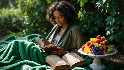 Woman Reading Antique Books And Enjoying Fresh Fruit In A Garden Setting
