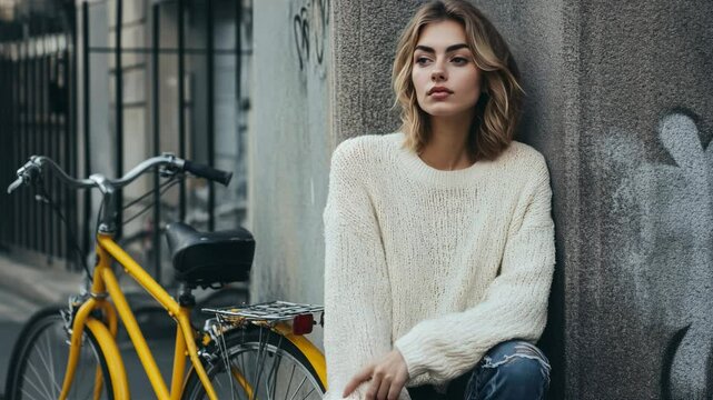 AI-generated illustration of a sad young girl in a white sweater sitting in the corner of a building