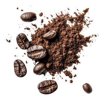 Coffee beans and ground coffee powder splash isolated on white background coffee splash cafe aroma caffeine drink ingredient seed beverage breakfast espresso roasted arabica caffeine addiction coffee