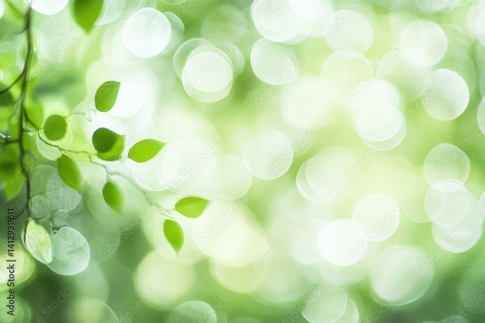 Aufkleber a serene view of fresh green leaves and bokeh lights creating a soft and dreamy nature background sc