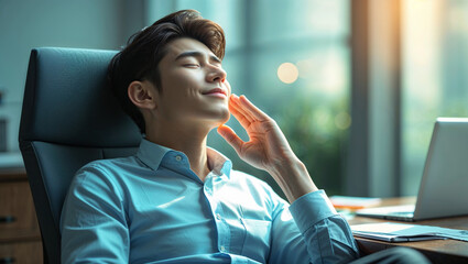 Asian Man Relaxing In Office Chair Enjoying Sunlight And Feeling Contentment
