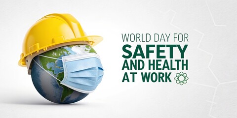 Globe with helmet and mask represents international workplace safety unity.