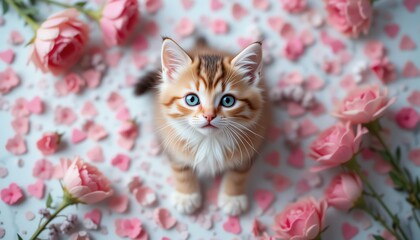 Kitten Among Pink Roses and Hearts