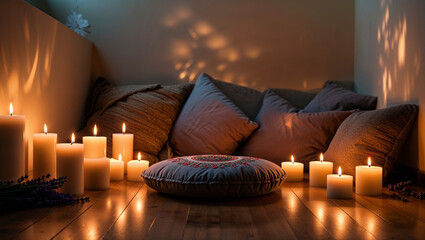 Serene Relaxation Space With Cushions Candles And Lavender On Wooden Floor