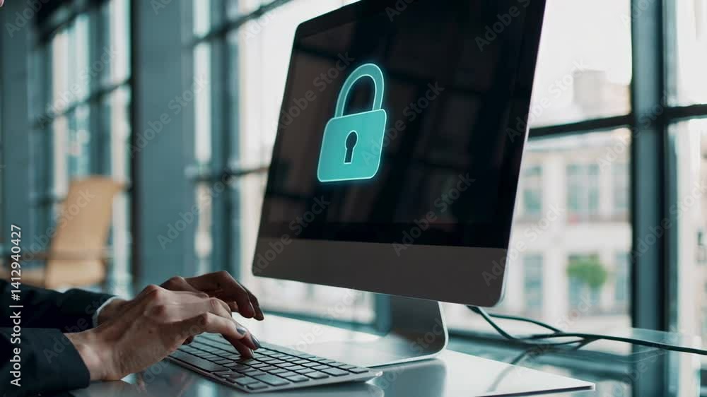 Fototapete Programmers hands typing on keyboard with glowing digital lock icon on computer screen, ensuring data protection and secure login in modern office