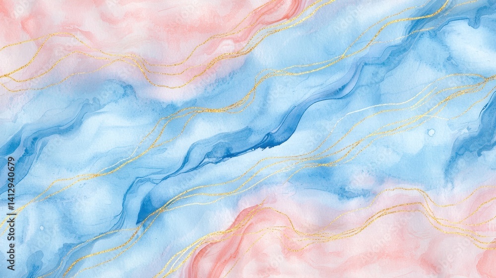 Poster swirls of soft blue and pink create an elegant and calming abstract watercolor design. delicate gold