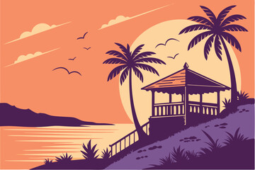 Obraz premium 32 Tropical sunset, beach bar silhouette, palm trees, ocean view, vibrant orange and purple sky, full sun on horizon, reflective water, thatched roof huts, balcony railing, vector art style, minimalis