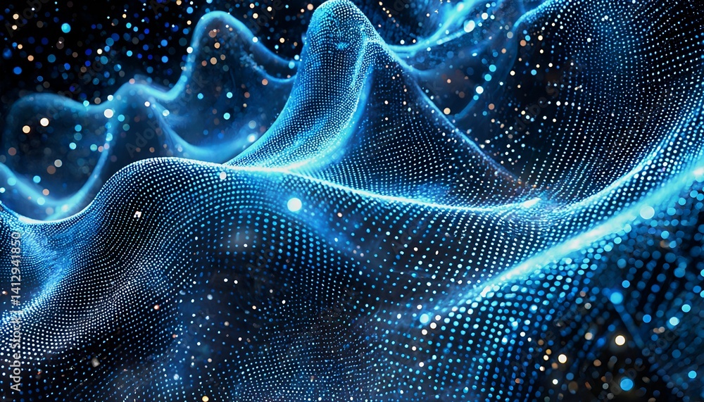 Poster a vibrant, dynamic wave of glowing blue particles flows across a dark, speckled background creating 
