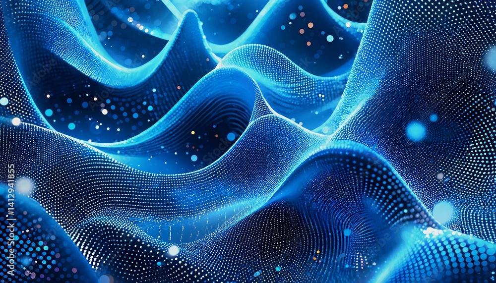 Aufkleber a vibrant, flowing network of blue particles creates an abstract, dynamic wave pattern with glowing 