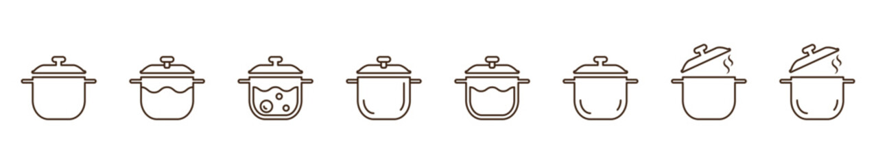 Set of linear saucepan icons isolated on transparent background. Hot pan with steam line icon. A saucepan or pot with boiling water inside. Cooking icon set.
