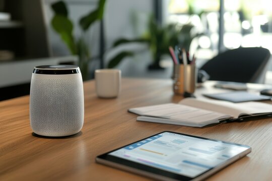 Smart speaker and tablet on a wooden desk in a modern office workspace