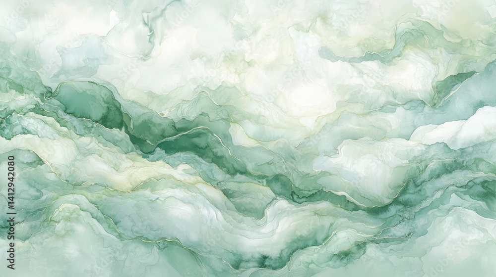 Poster soft swirls of green and white blend together to create an abstract representation of cloudy waves, 